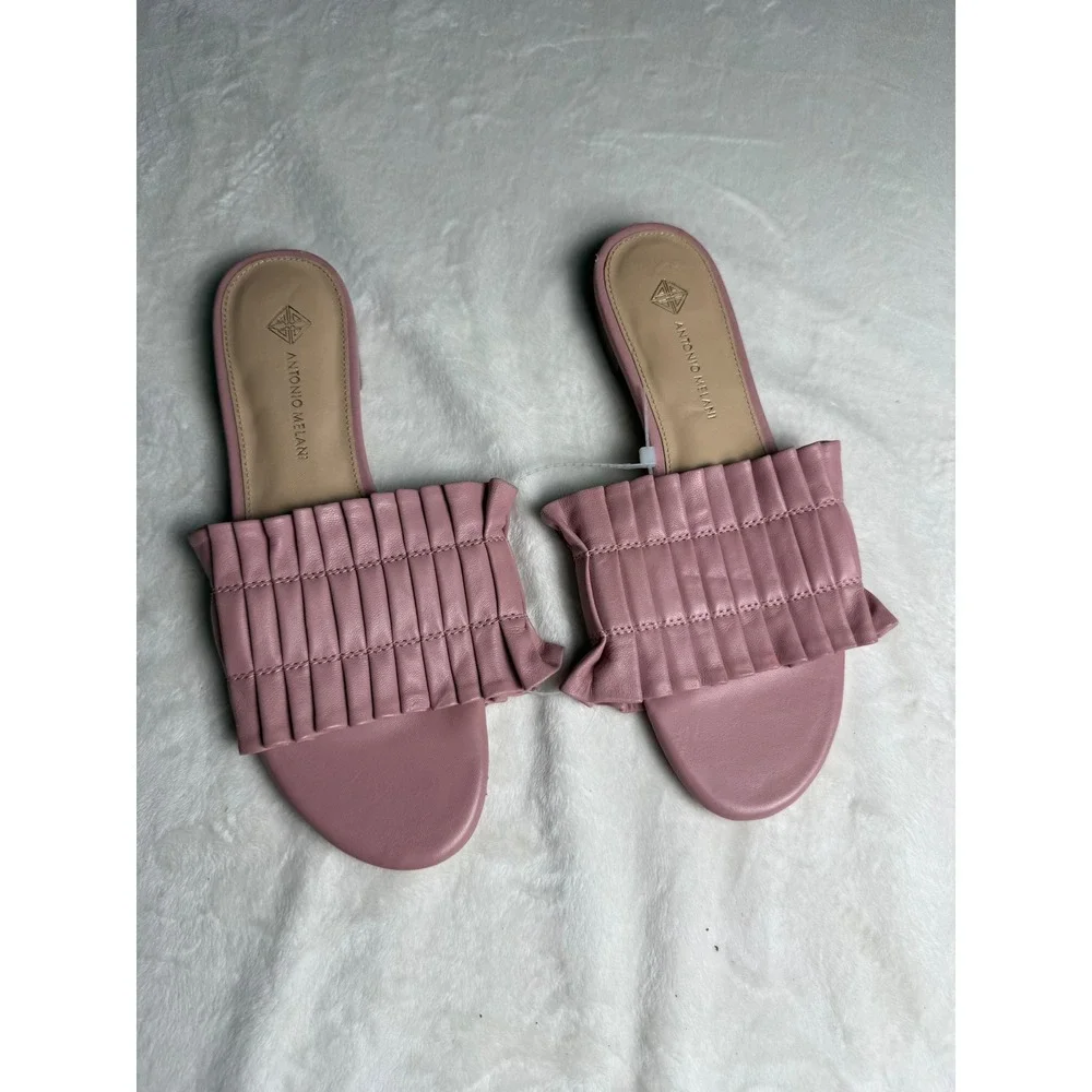 Antonio Melani Pink Leather Pleated Ruffle Slide Sandals Women 7M Flat Shoes